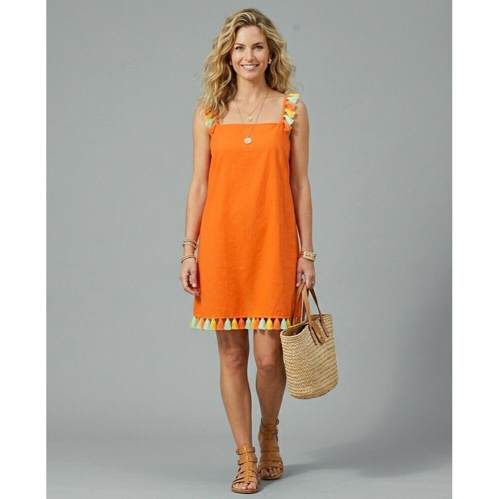By Anthropologie Orange Tassel Trim Mini Dress Cotton Adjustable Straps Size M
